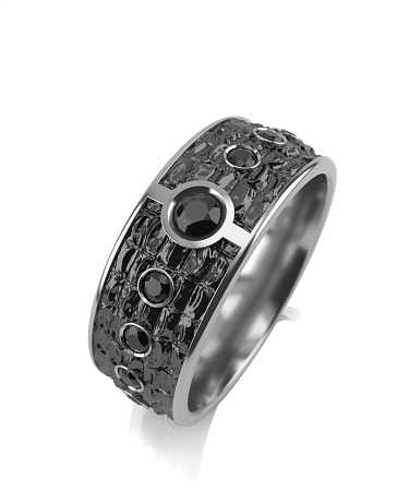 Кольцо из серебра с черной керамикой и черными фианитами SF-к14/с